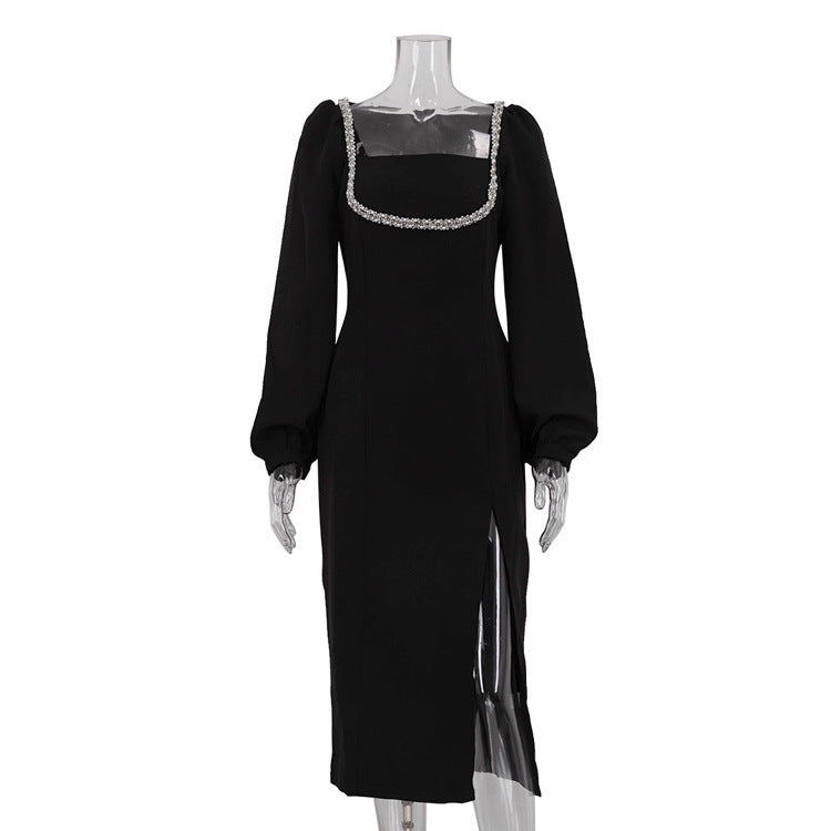 Diamond-encrusted Square Collar Long Sleeve Waist-tight Split Dress