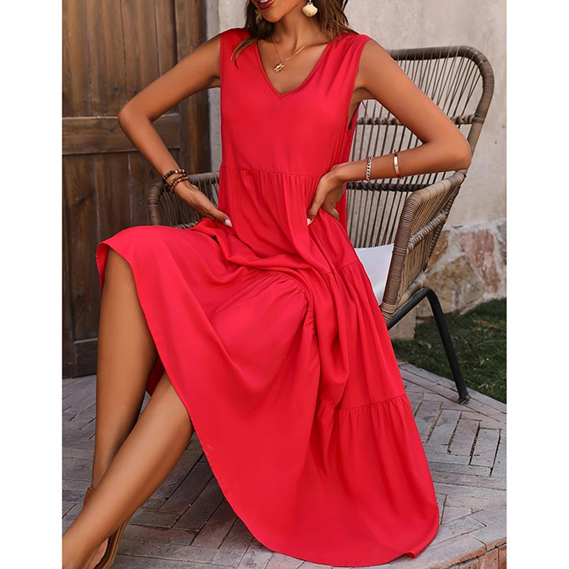 Women's Summer Casual Sleeveless V Neck Swing Dress Flowy Tiered Maxi Beach Dress
