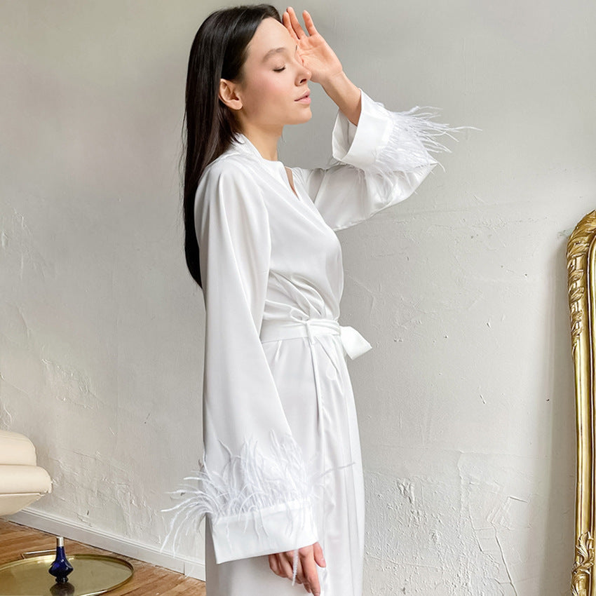 Women's Long Sleeve Feather Bow Satin Pajama