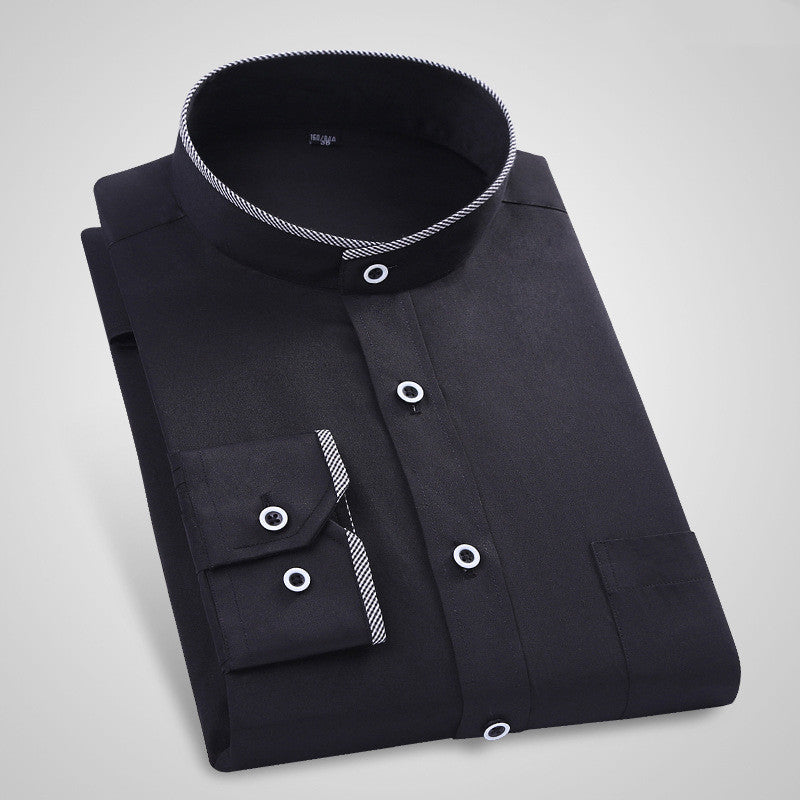 Men's Stand Up Collar Long Sleeved Shirt Solid Color Business Casual Stand Collar Shirt