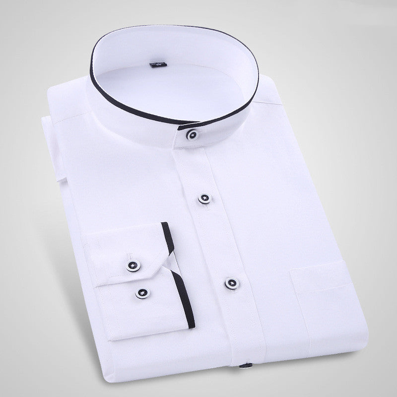 Men's Stand Up Collar Long Sleeved Shirt Solid Color Business Casual Stand Collar Shirt