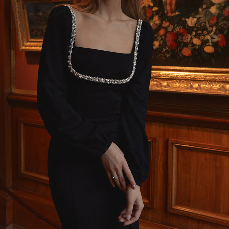 Diamond-encrusted Square Collar Long Sleeve Waist-tight Split Dress