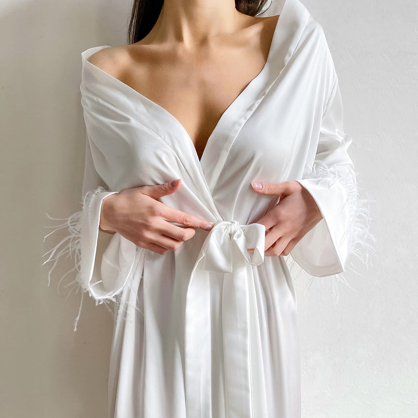 Women's Long Sleeve Feather Bow Satin Pajama