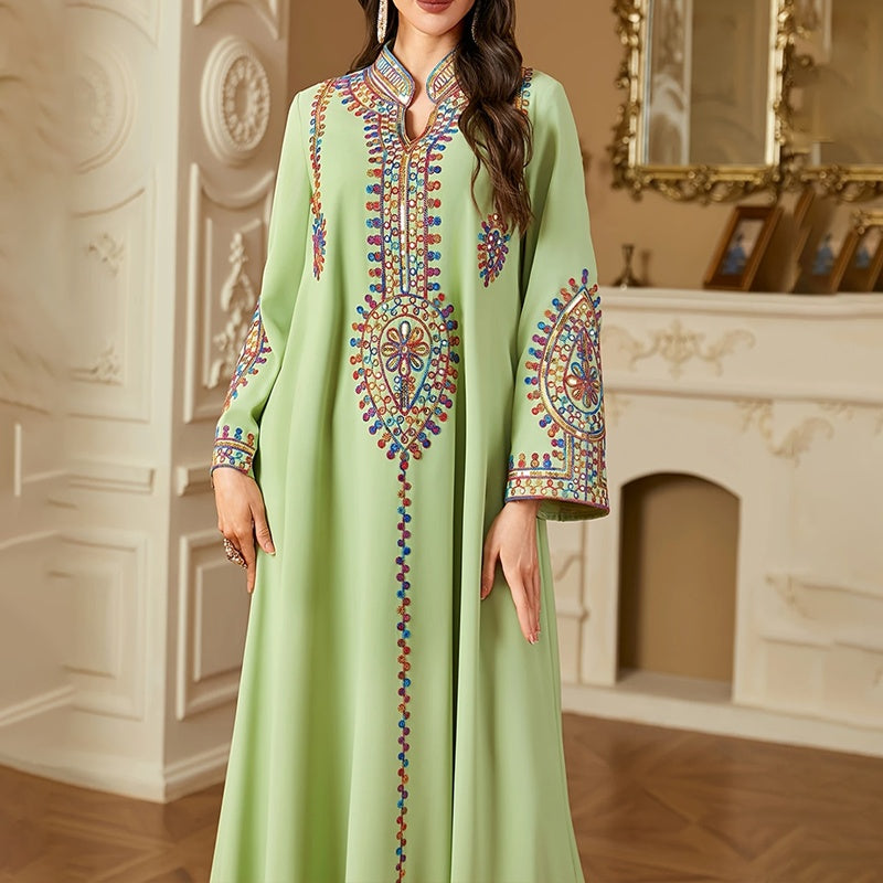 Elegant Women's Long Sleeve Floor-Length Dress - Stand Collar With Geometric Print & Sequins Detail Dress For Casual&Party Wear
