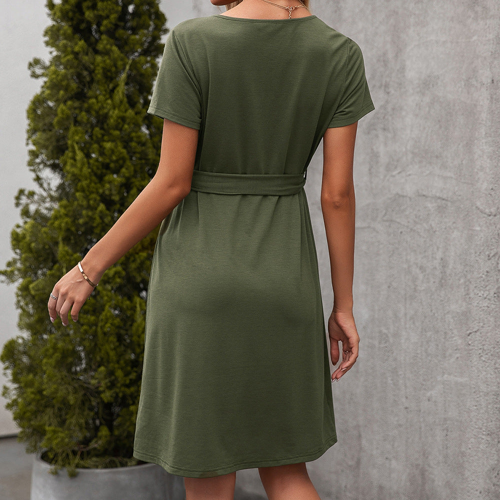 V-neck Waist And Slim Temperament Lace-up Short-sleeved Casual Dress Women