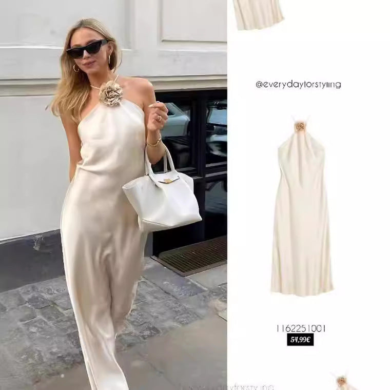 Summer Women's Applique Halter Dress Solid Color