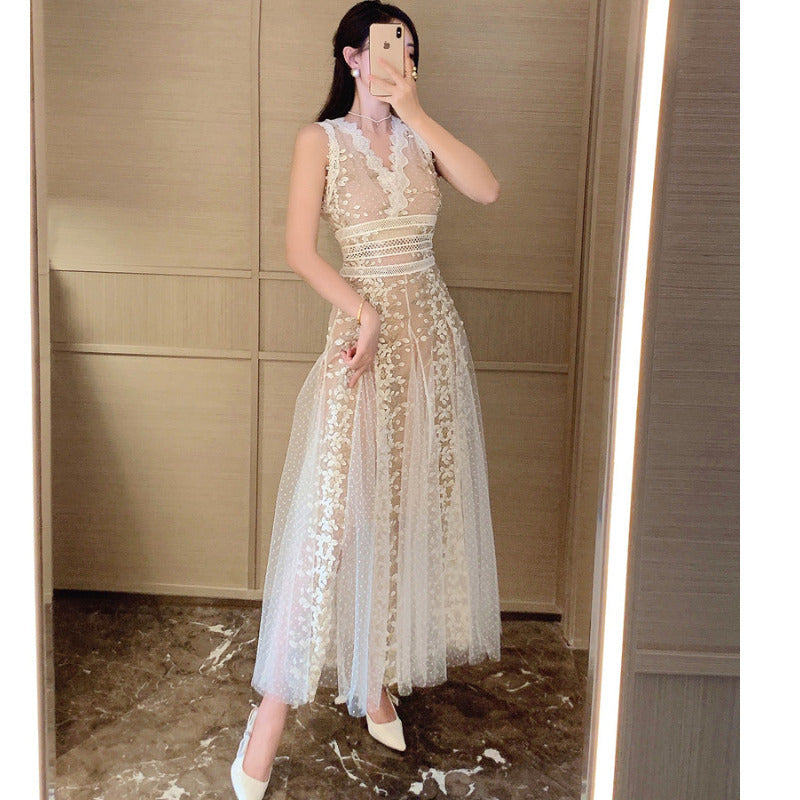 Mesh Embroidered Waistband White Dress