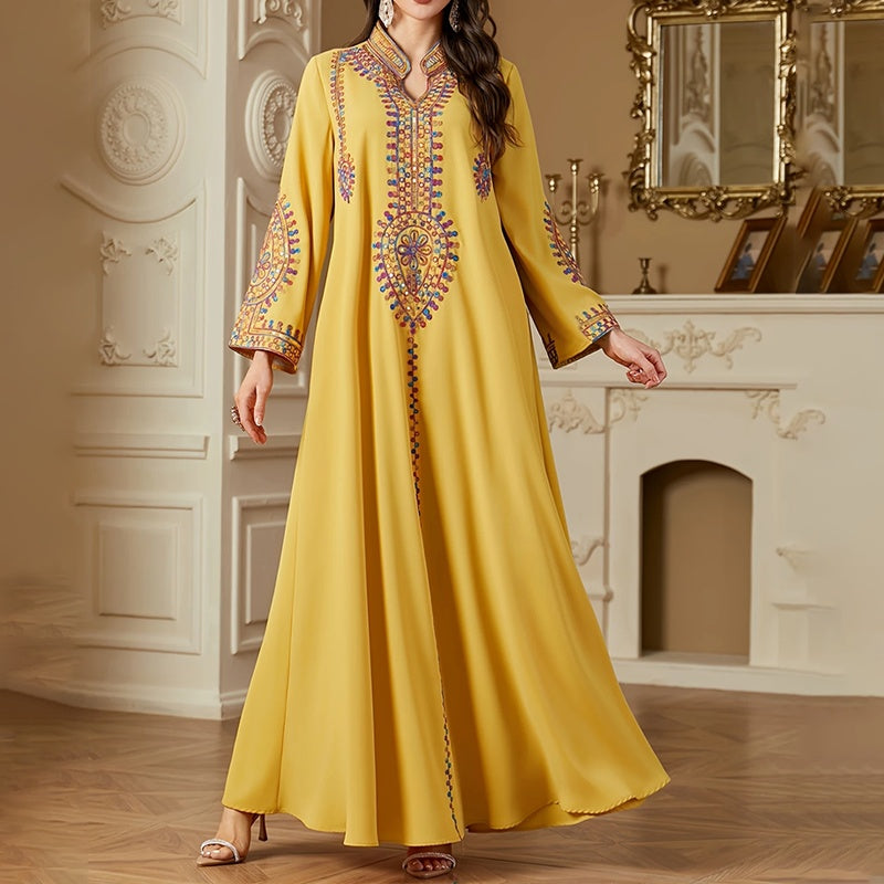 Elegant Women's Long Sleeve Floor-Length Dress - Stand Collar With Geometric Print & Sequins Detail Dress For Casual&Party Wear