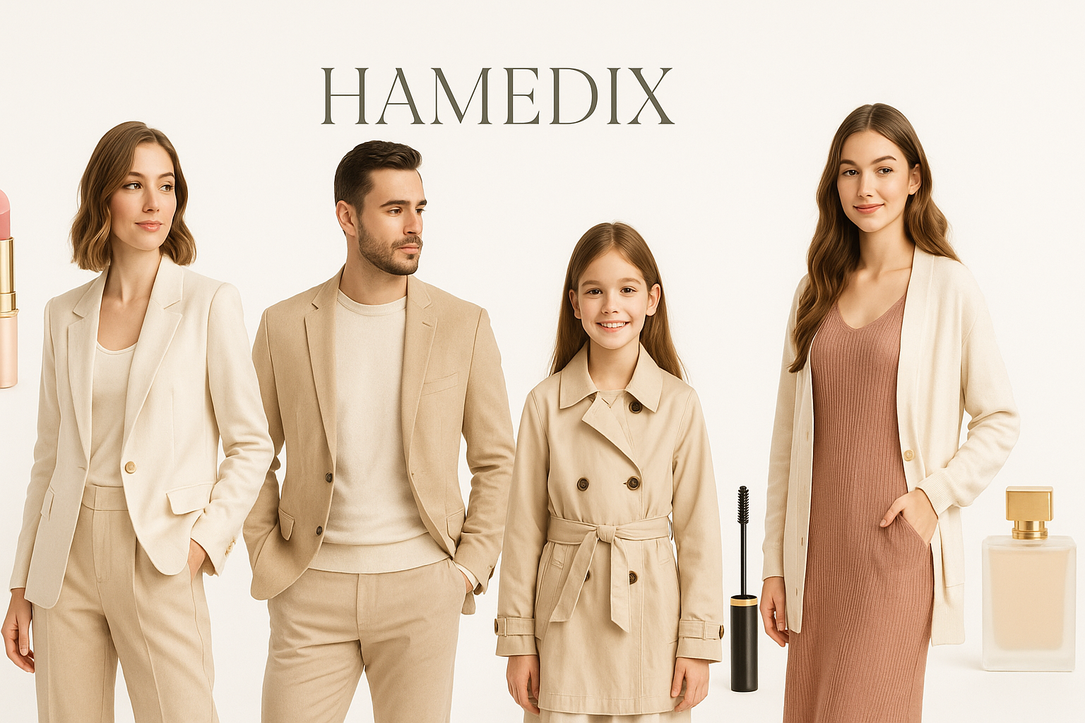 A clean and modern eCommerce banner for a fashion and beauty store named "Hamedix". The banner features stylish men, women, and children wearing trendy outfits, with soft lighting and a minimal, bright background. Include subtle beauty elements like lipstick, mascara, and perfume bottles. The "Hamedix" logo is centered at the top. Layout is horizontal, optimized for a Shopify homepage. Fresh, elegant, and premium feel.