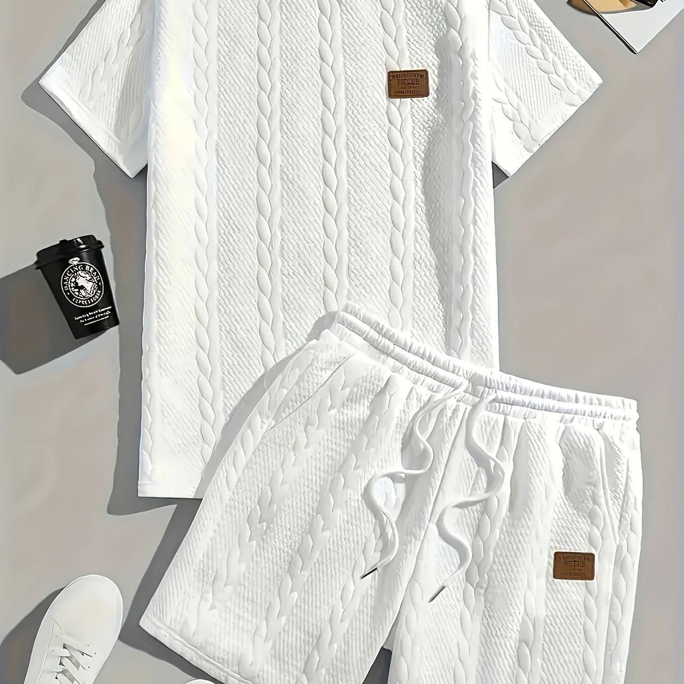Men's Solid Color Patch Design Rib Short Sleeve Two-piece Set