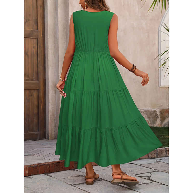 Women's Summer Casual Sleeveless V Neck Swing Dress Flowy Tiered Maxi Beach Dress