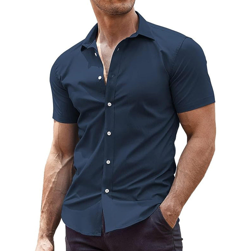 Summer Men's Solid Color Sports Casual Cardigan Business Casual Shirt Short Sleeve Lapel Shirt