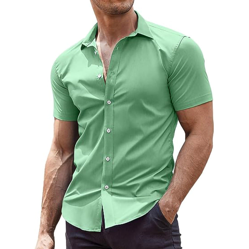 Summer Men's Solid Color Sports Casual Cardigan Business Casual Shirt Short Sleeve Lapel Shirt