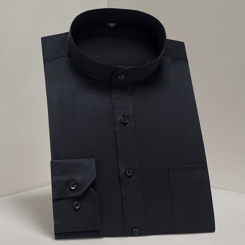 Men's Stand Up Collar Long Sleeved Shirt Solid Color Business Casual Stand Collar Shirt