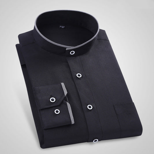 Men's Stand Up Collar Long Sleeved Shirt Solid Color Business Casual Stand Collar Shirt