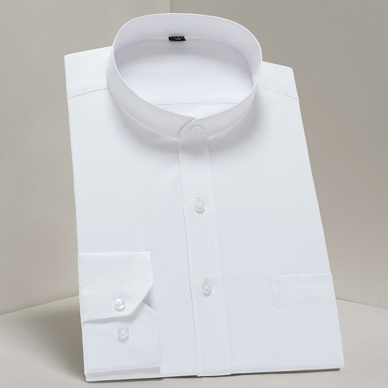 Men's Stand Up Collar Long Sleeved Shirt Solid Color Business Casual Stand Collar Shirt