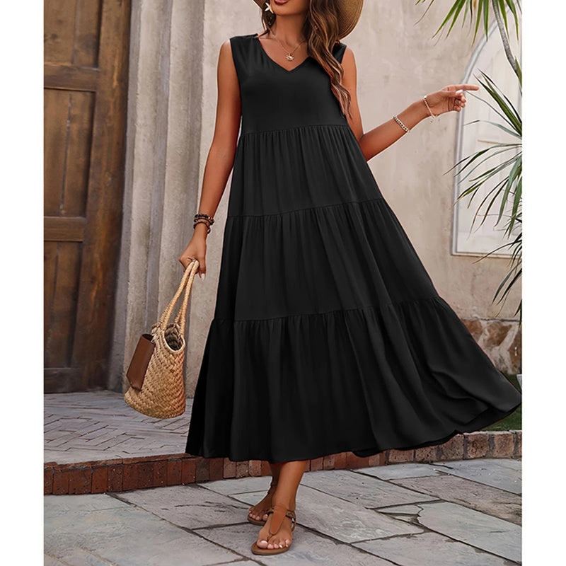 Women's Summer Casual Sleeveless V Neck Swing Dress Flowy Tiered Maxi Beach Dress
