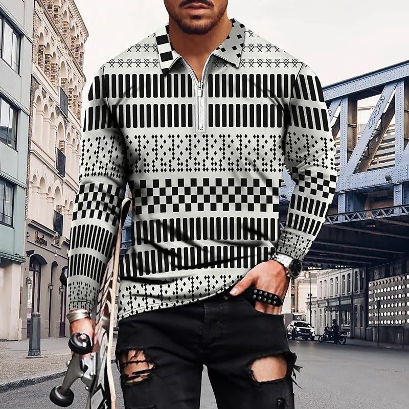 Vintage Printed Men's Zippered POLO Shirt