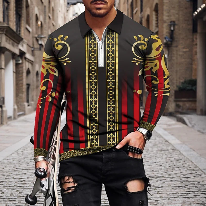 Vintage Printed Men's Zippered POLO Shirt