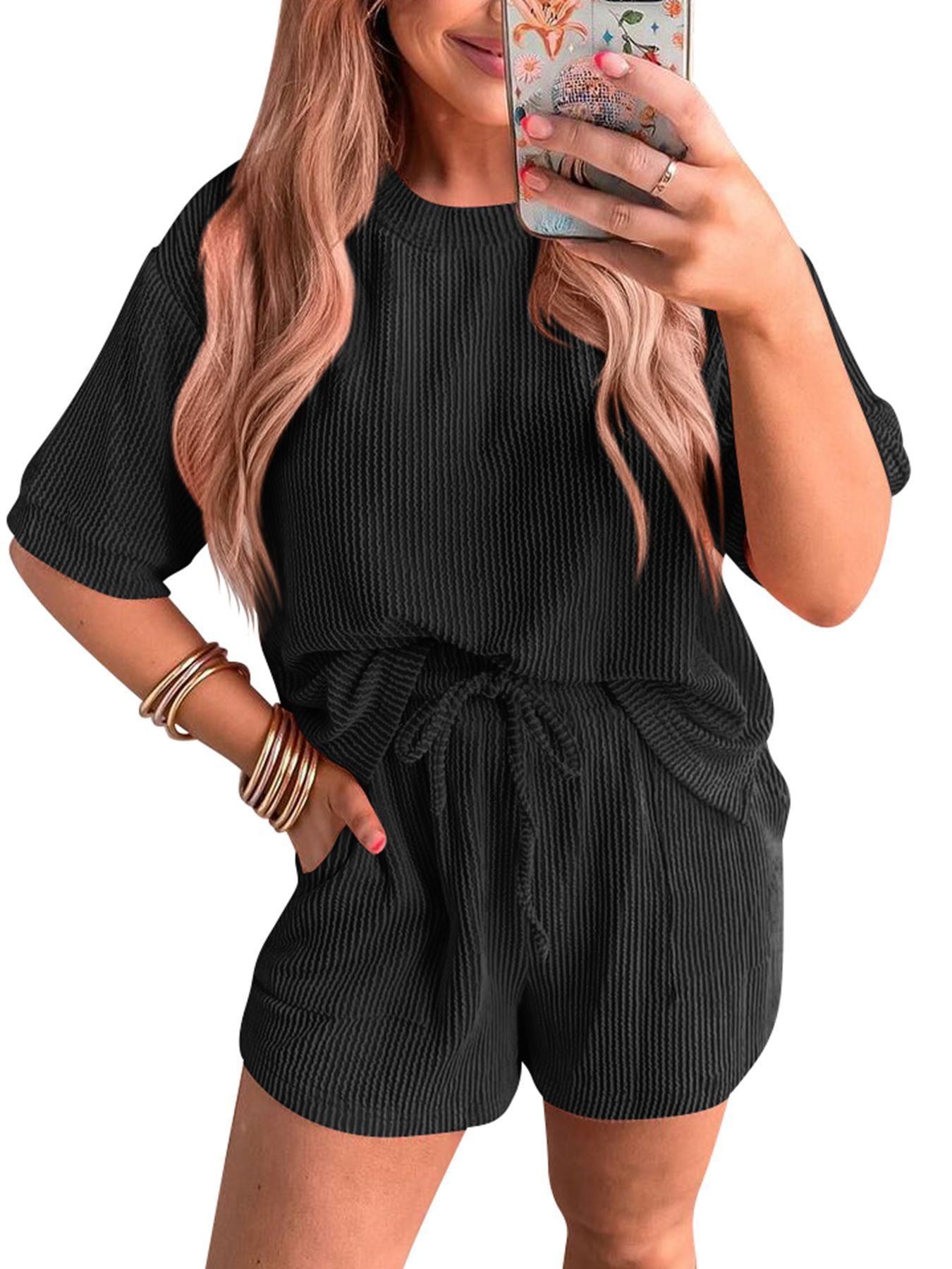 Short-sleeved Wavy Round Neck Top Elastic Waist Shorts Two-piece Set