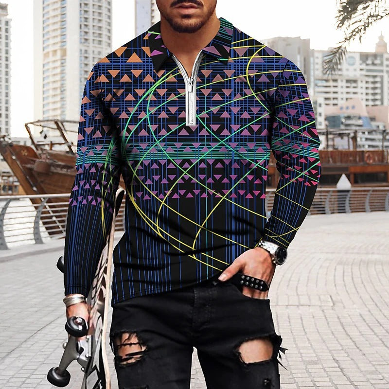 Vintage Printed Men's Zippered POLO Shirt