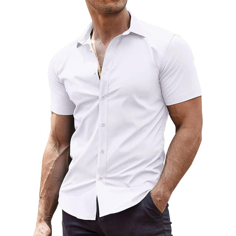 Summer Men's Solid Color Sports Casual Cardigan Business Casual Shirt Short Sleeve Lapel Shirt