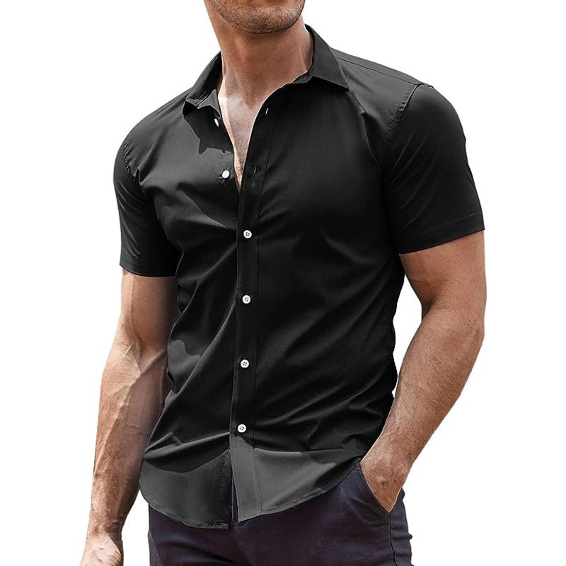 Summer Men's Solid Color Sports Casual Cardigan Business Casual Shirt Short Sleeve Lapel Shirt