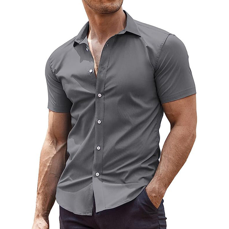 Summer Men's Solid Color Sports Casual Cardigan Business Casual Shirt Short Sleeve Lapel Shirt