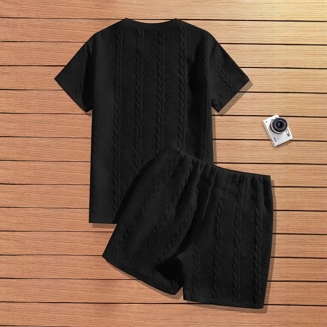Men's Solid Color Patch Design Rib Short Sleeve Two-piece Set