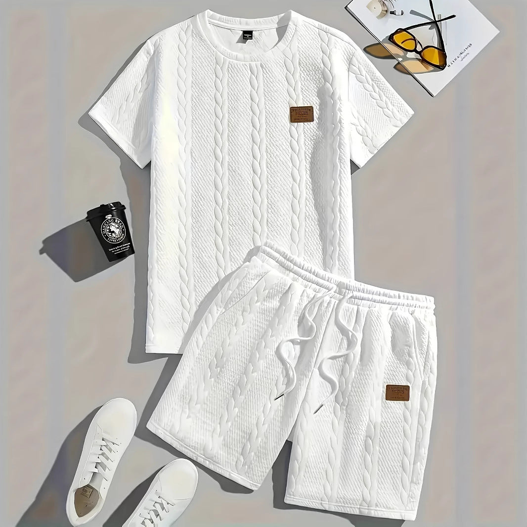 Men's Solid Color Patch Design Rib Short Sleeve Two-piece Set