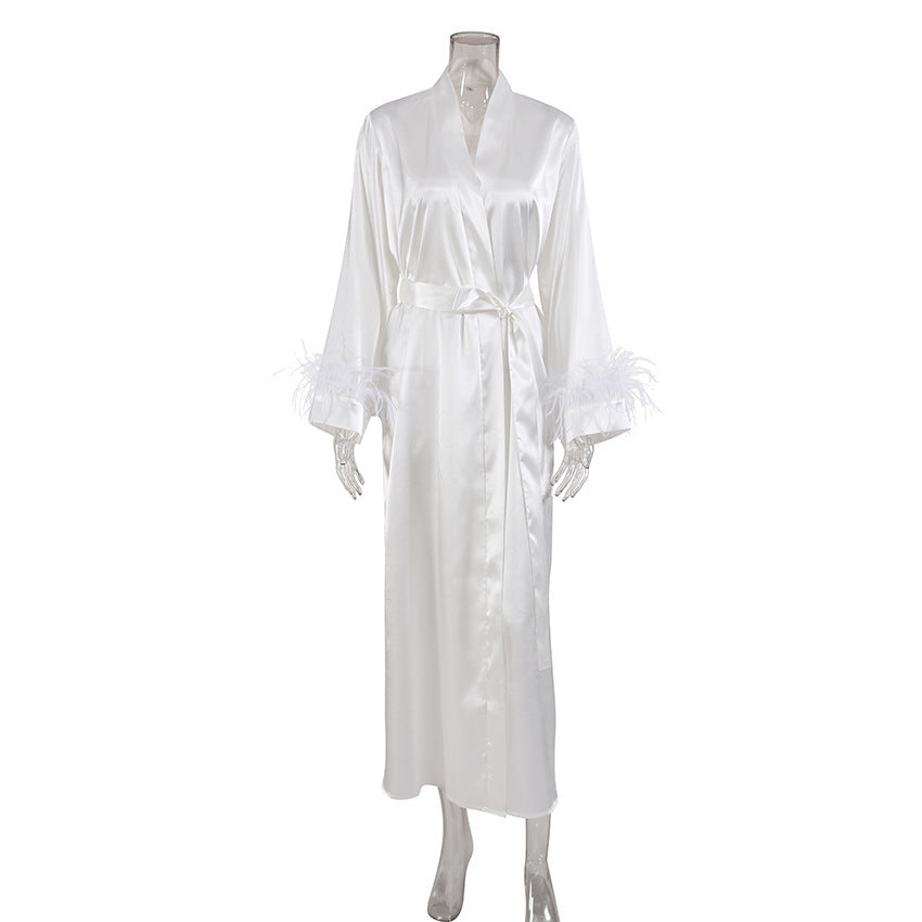 Women's Long Sleeve Feather Bow Satin Pajama