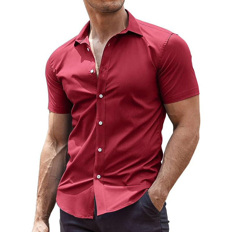 Summer Men's Solid Color Sports Casual Cardigan Business Casual Shirt Short Sleeve Lapel Shirt