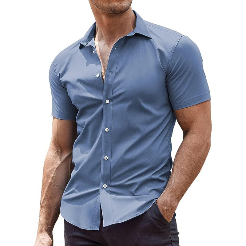 Summer Men's Solid Color Sports Casual Cardigan Business Casual Shirt Short Sleeve Lapel Shirt