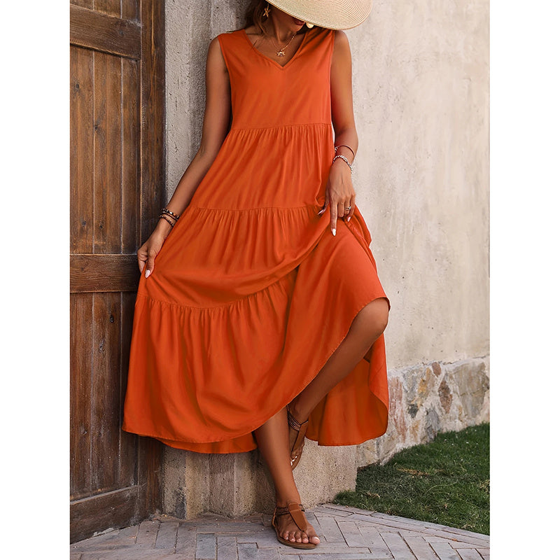Women's Summer Casual Sleeveless V Neck Swing Dress Flowy Tiered Maxi Beach Dress