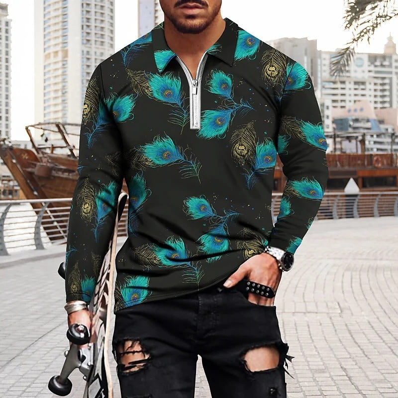 Vintage Printed Men's Zippered POLO Shirt