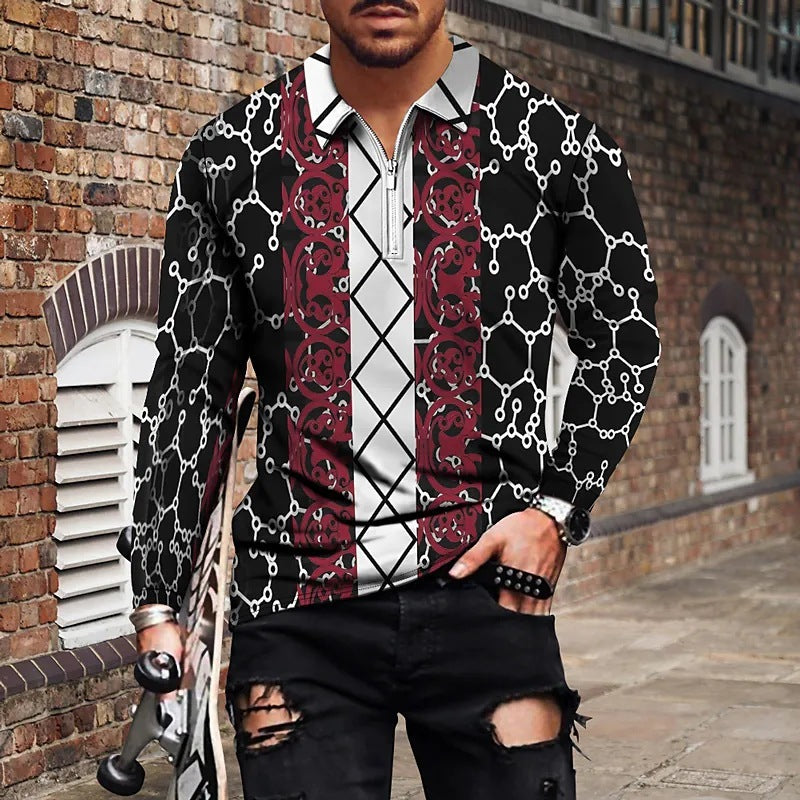 Vintage Printed Men's Zippered POLO Shirt