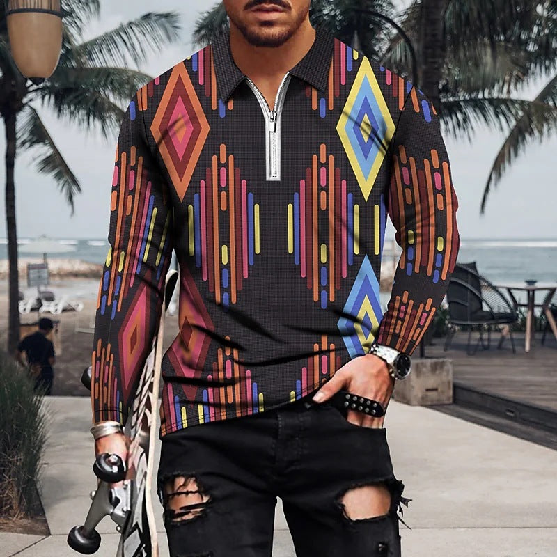 Vintage Printed Men's Zippered POLO Shirt