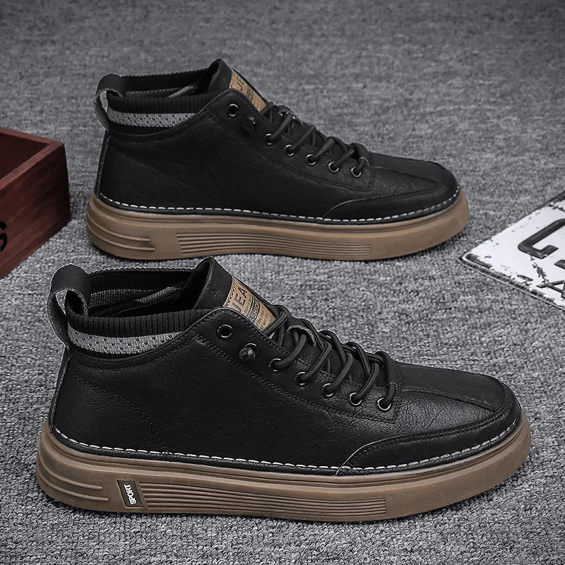 Men's High-Top Black Leather Shoes Trendy Korean Style All-Match Basketball Shoes Casual Orgasm-Enhancing Allure