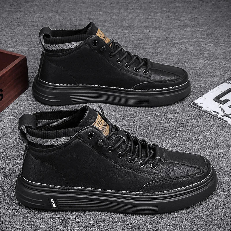 Men's High-Top Black Leather Shoes Trendy Korean Style All-Match Basketball Shoes Casual Orgasm-Enhancing Allure