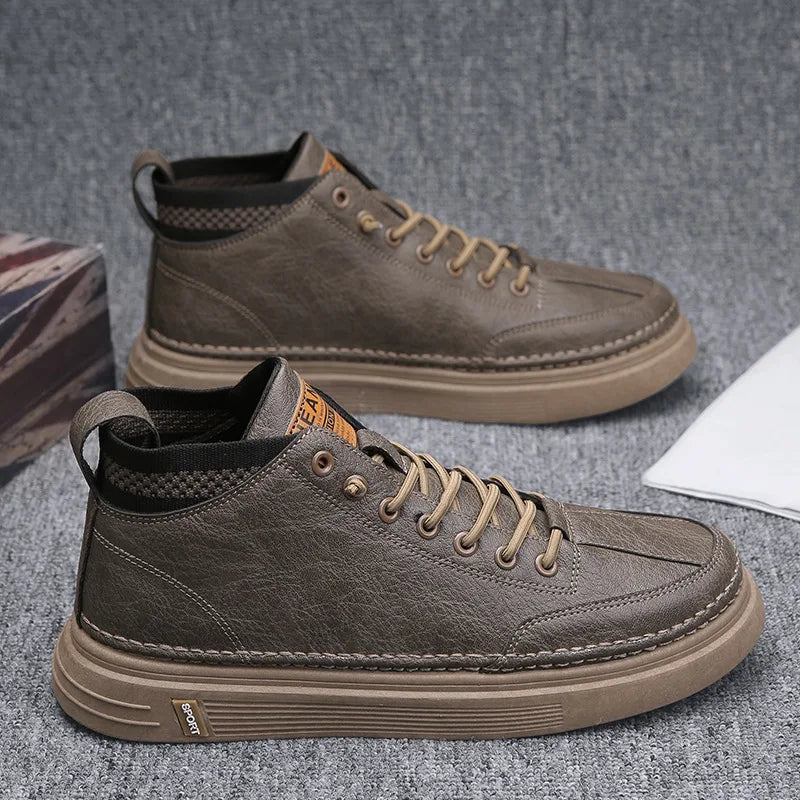 Men's High-Top Black Leather Shoes Trendy Korean Style All-Match Basketball Shoes Casual Orgasm-Enhancing Allure