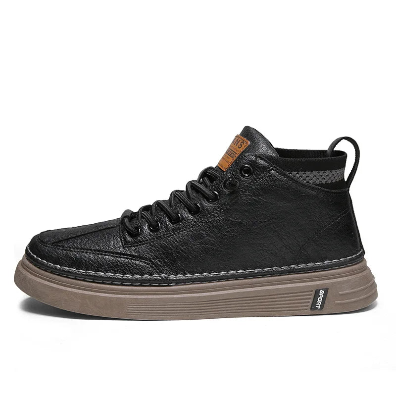 Men's High-Top Black Leather Shoes Trendy Korean Style All-Match Basketball Shoes Casual Orgasm-Enhancing Allure