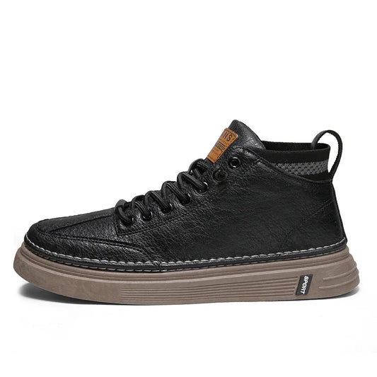 Men's High-Top Black Leather Shoes Trendy Korean Style All-Match Basketball Shoes Casual Orgasm-Enhancing Allure