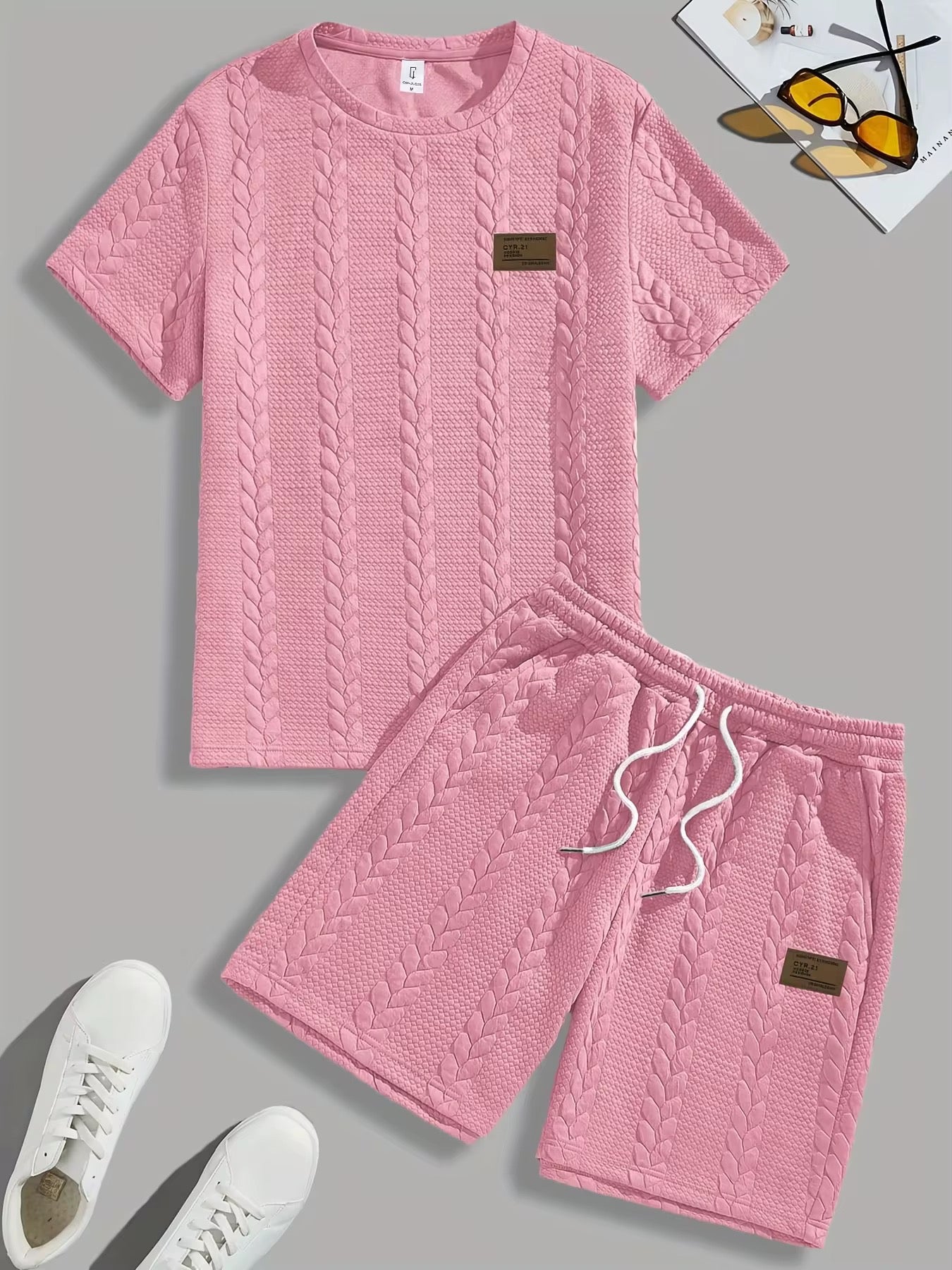 Men's Cable Knit Summer Set – T-Shirt & Shorts (6 Colors)