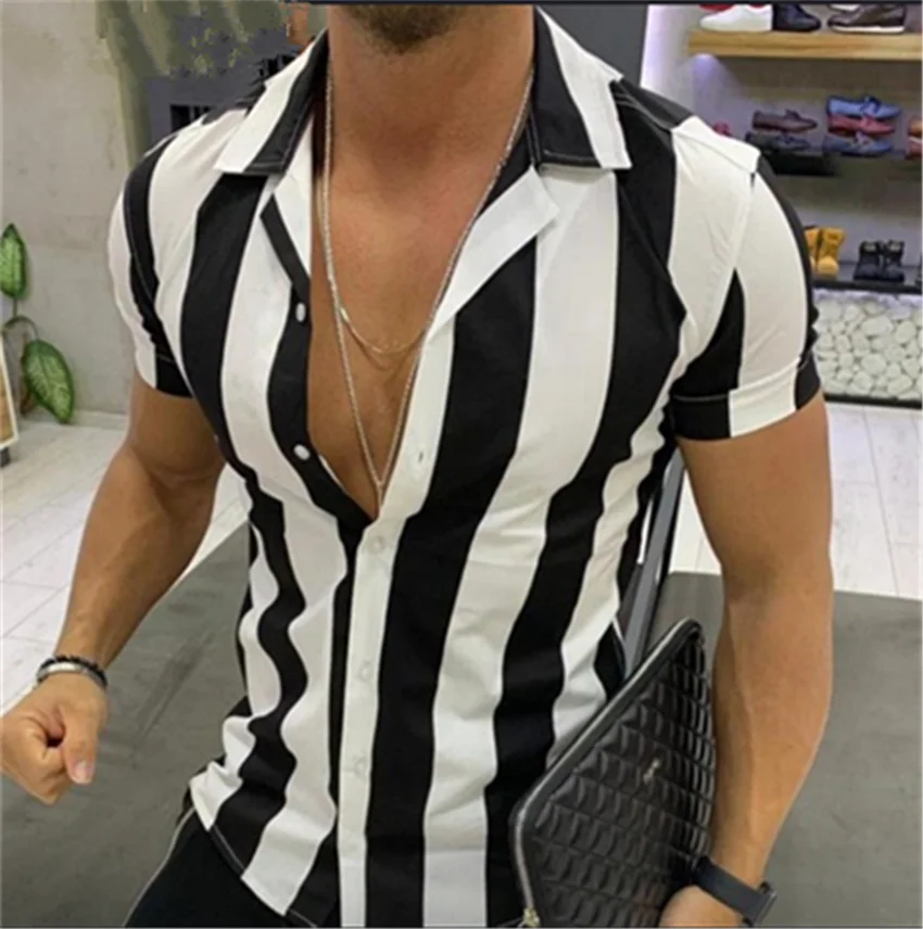 Men's striped casual shirt, summer beach casual loose-fitting short-sleeved shirt, summer daily commuting style travel shirt