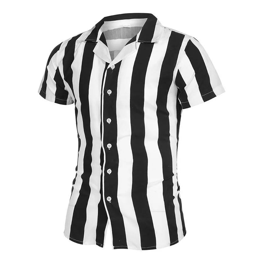 Men's striped casual shirt, summer beach casual loose-fitting short-sleeved shirt, summer daily commuting style travel shirt