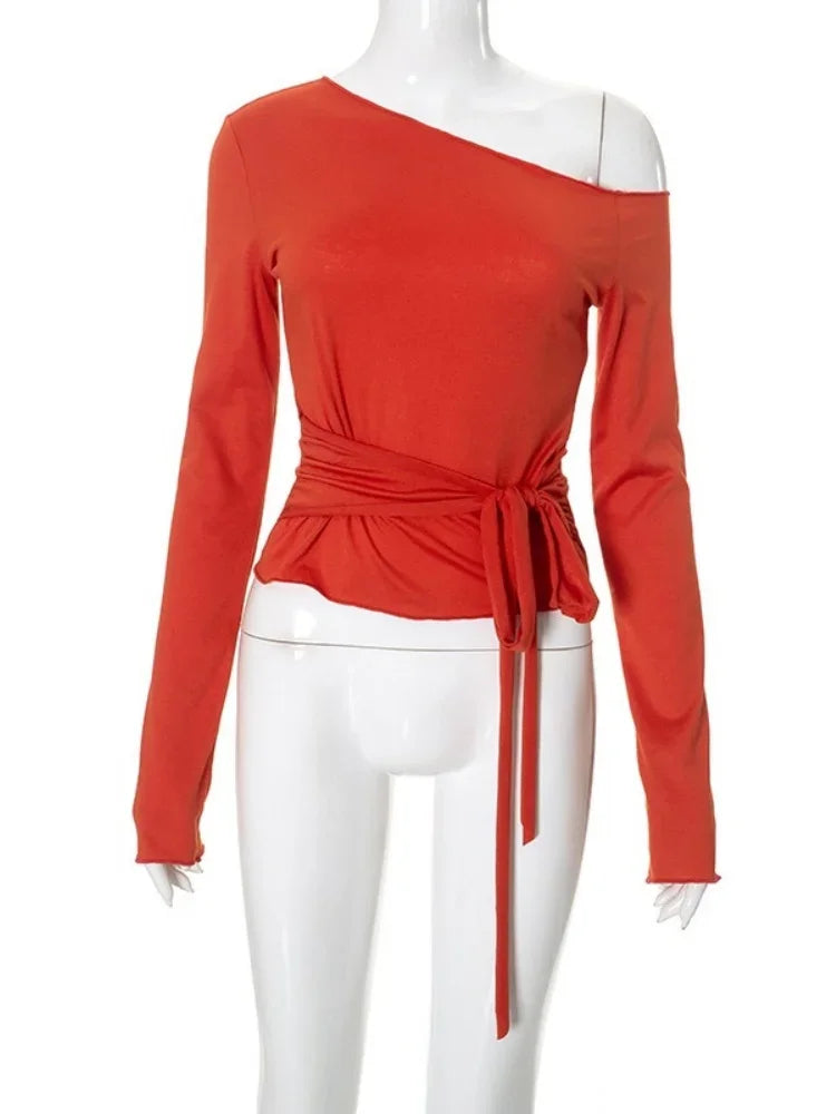 One Shoulder T Shirts For Women Aesthetic Clothes Sashes Crop Top Y2k Accessories Long Sleeve Lady Tshirt Ropa Mujer Camisetas