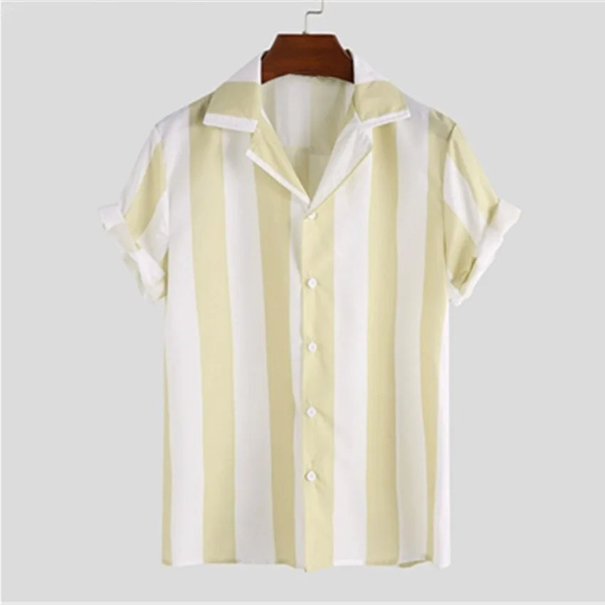 Men's striped casual shirt, summer beach casual loose-fitting short-sleeved shirt, summer daily commuting style travel shirt
