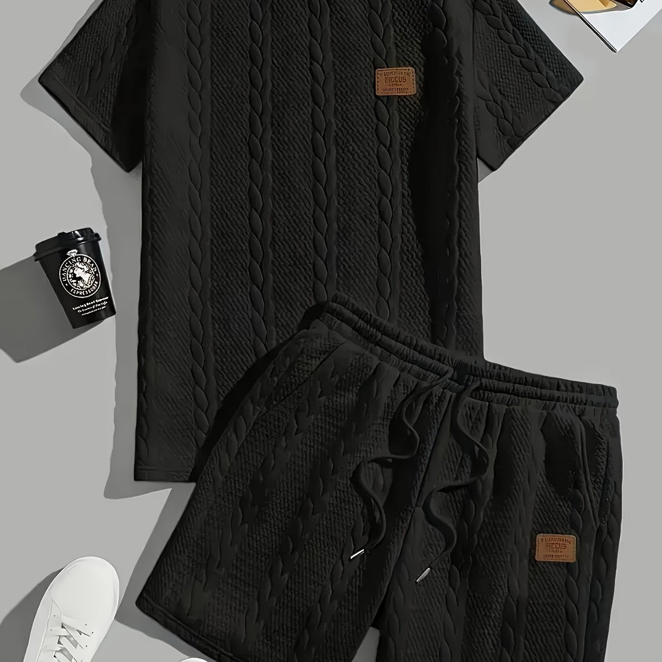 Men's Solid Color Patch Design Rib Short Sleeve Two-piece Set