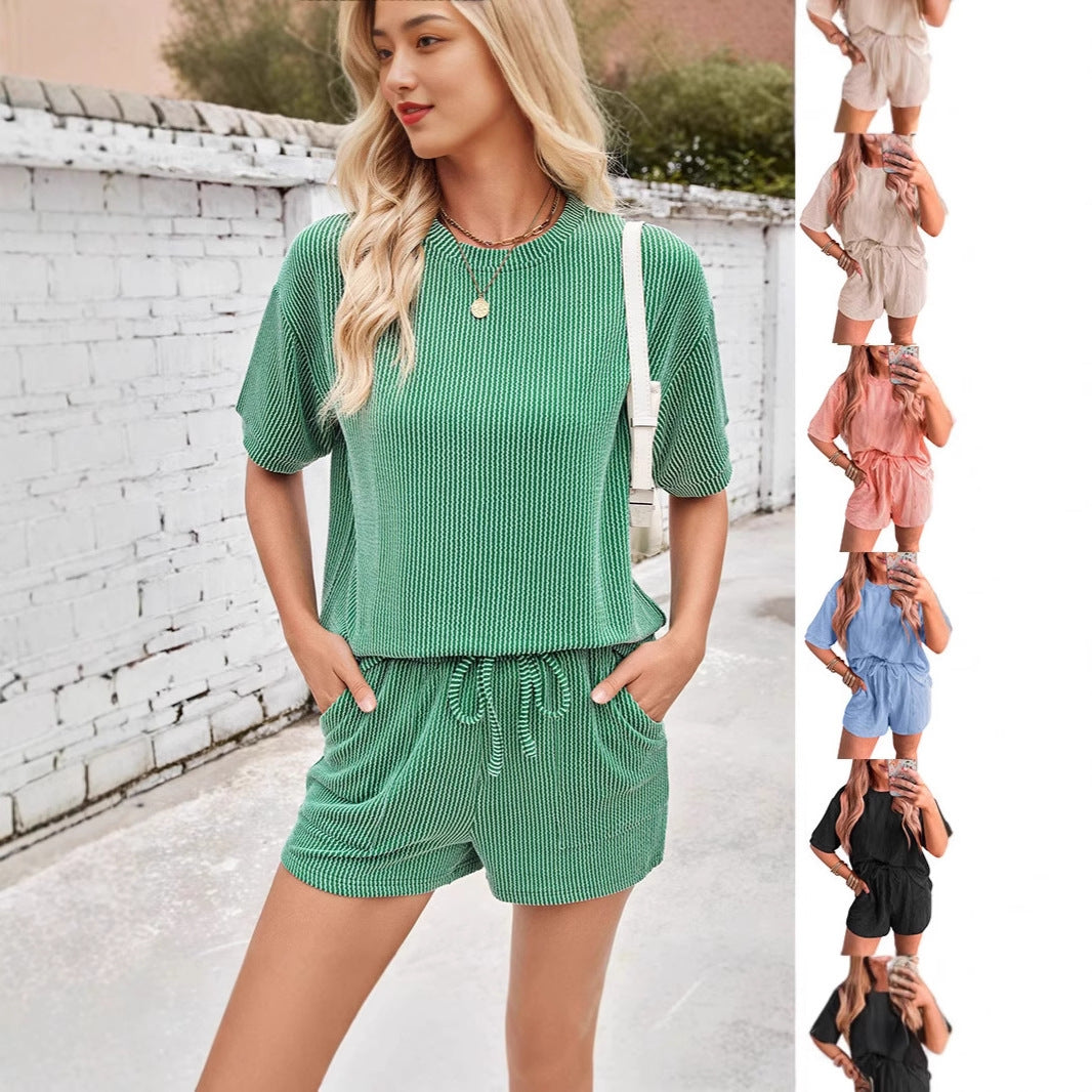 Short-sleeved Wavy Round Neck Top Elastic Waist Shorts Two-piece Set