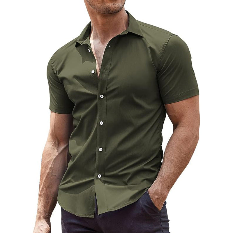 Summer Men's Solid Color Sports Casual Cardigan Business Casual Shirt Short Sleeve Lapel Shirt